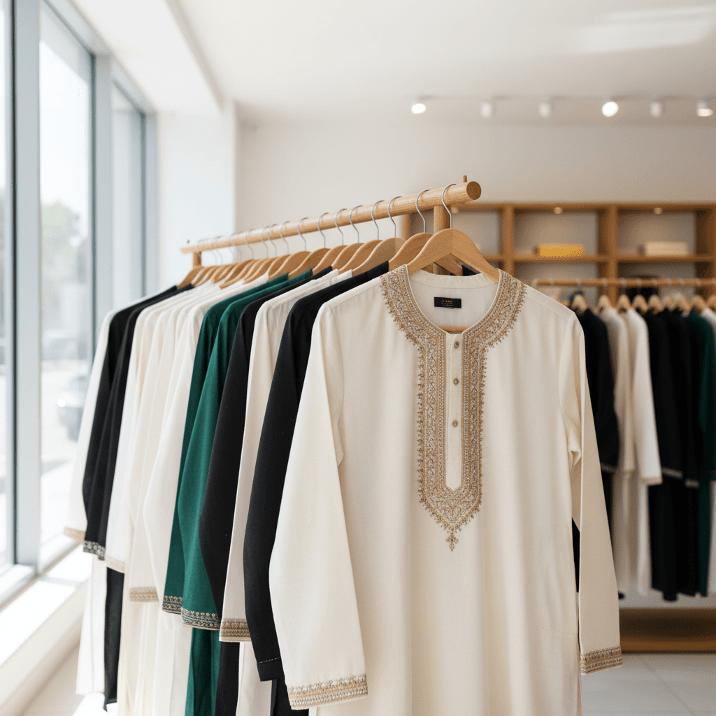 Kurtas displayed on wooden rack with varied color options