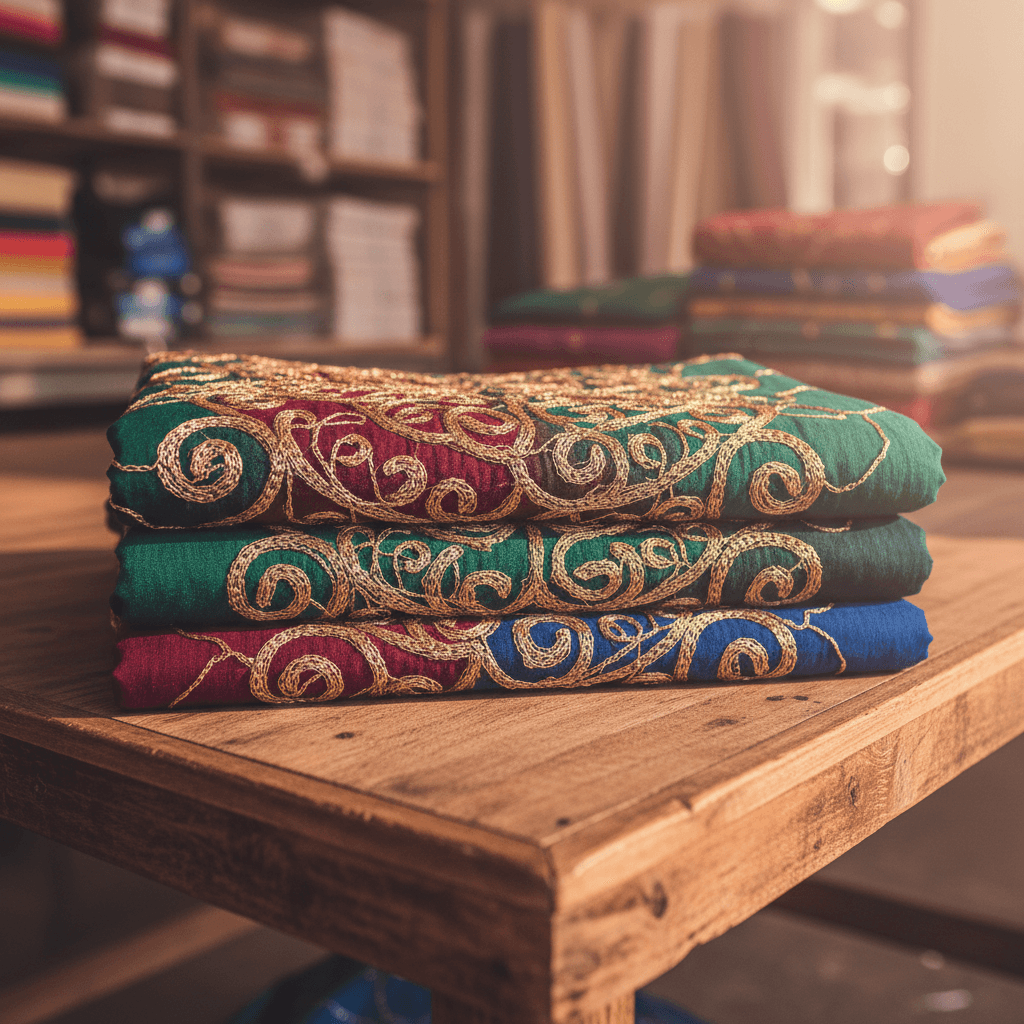 Folded embroidered eastern wear fabrics with gold detailing