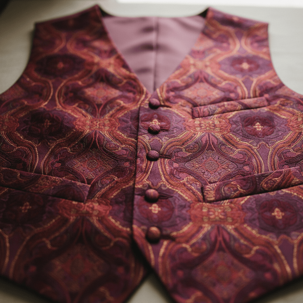 Burgundy patterned waistcoat fabric and stitching