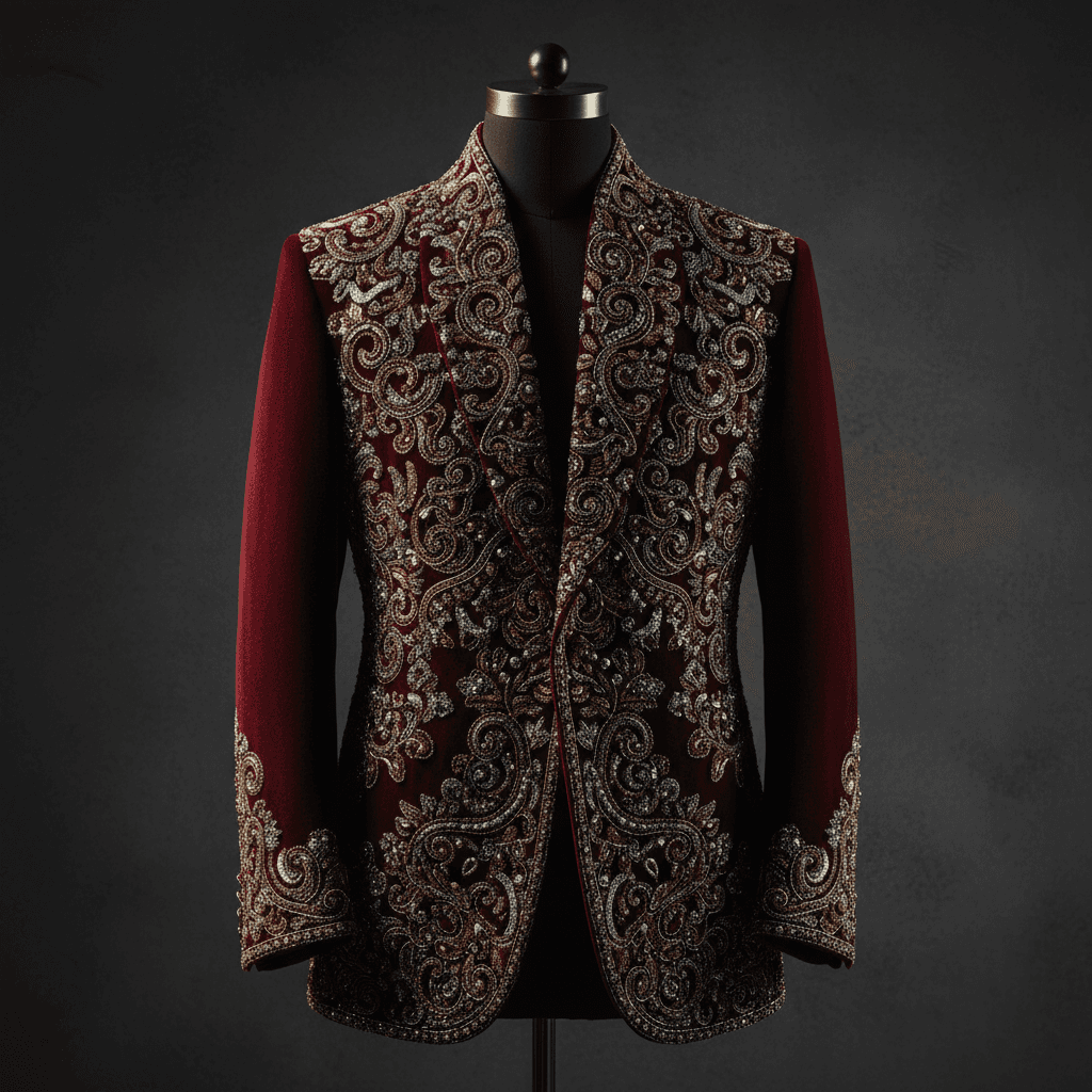 Wine-colored embroidered jacket with dimensional beadwork