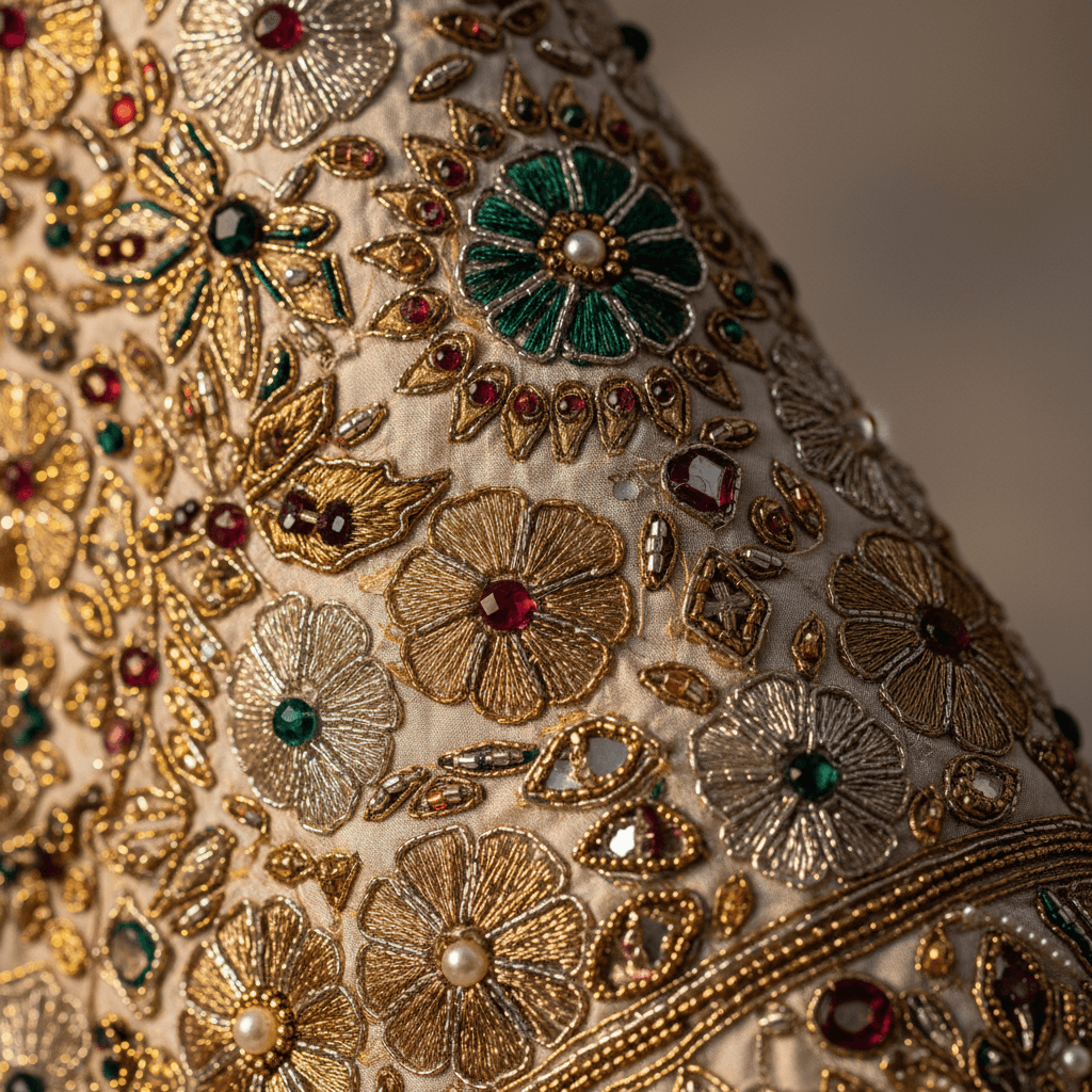 Close-up of embroidered fabric detail on eastern clothing