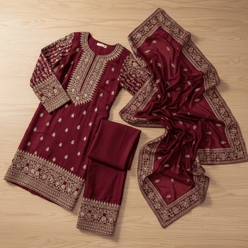 Burgundy embroidered suit with matching dupatta arrangement