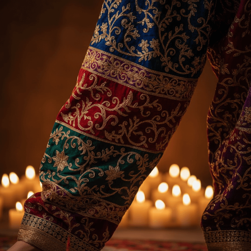 Jewel-toned shalwar with comprehensive embroidery