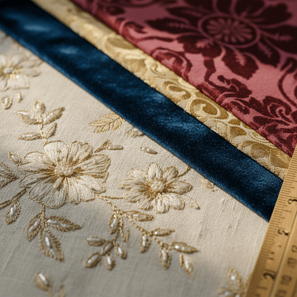 Close-up of premium fabric swatches showing embroidery and texture