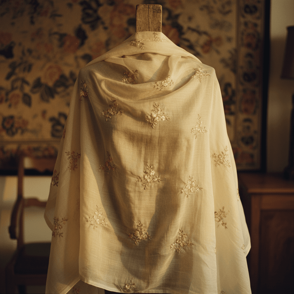 Cream dupatta with delicate floral embroidery detail