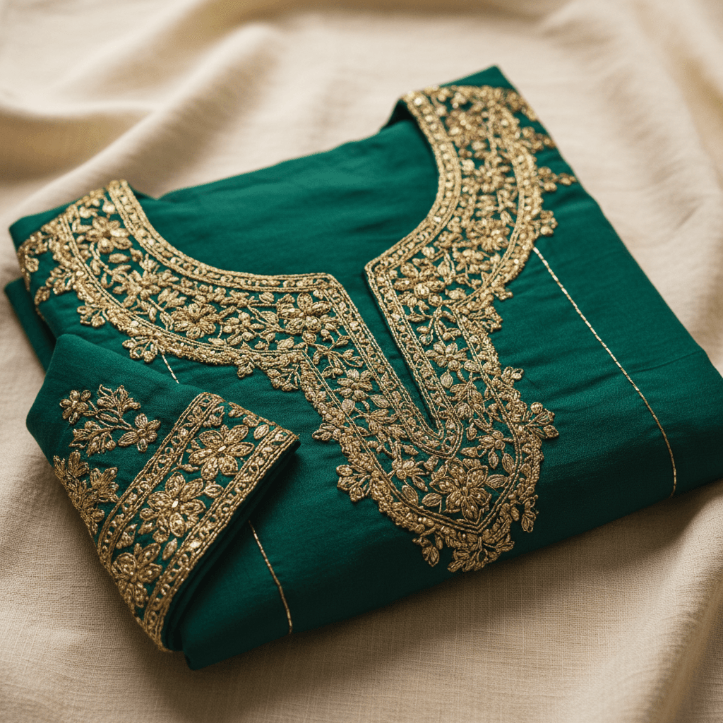 Emerald shalwar kameez with gold embroidery detail