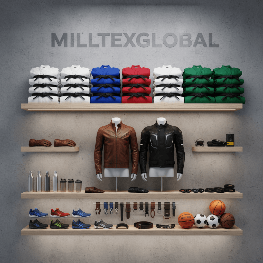 Wide range of sports gear, motorbike apparel, and karate suits on display