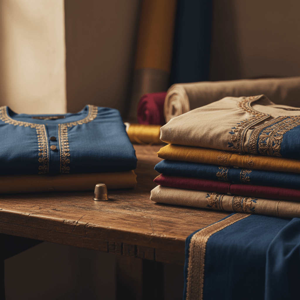 Folded shalwar kameez garments in premium fabrics