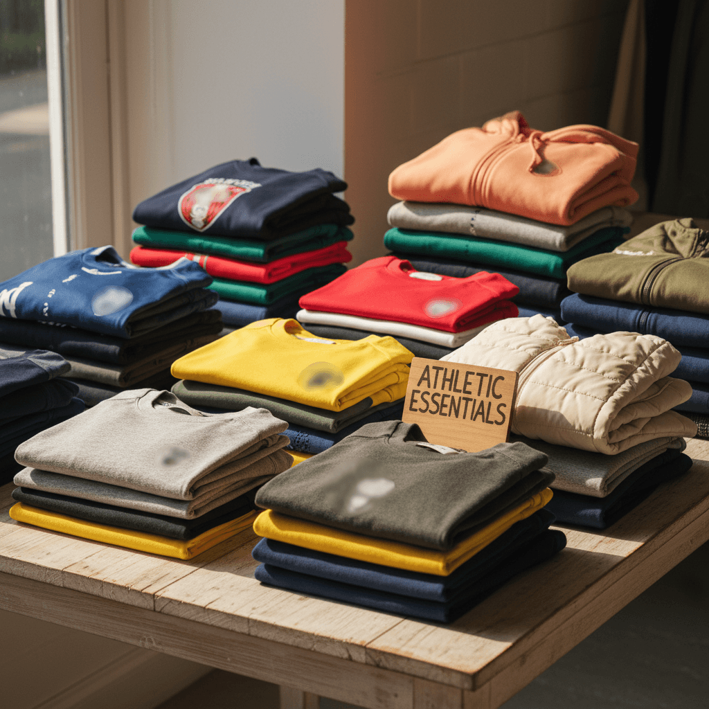 Folded athletic clothing and sports gear neatly stacked