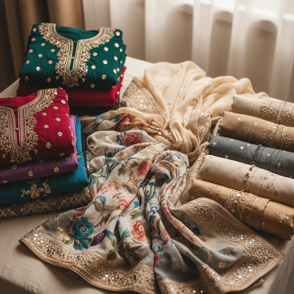 Folded women's eastern clothing arranged by style and color