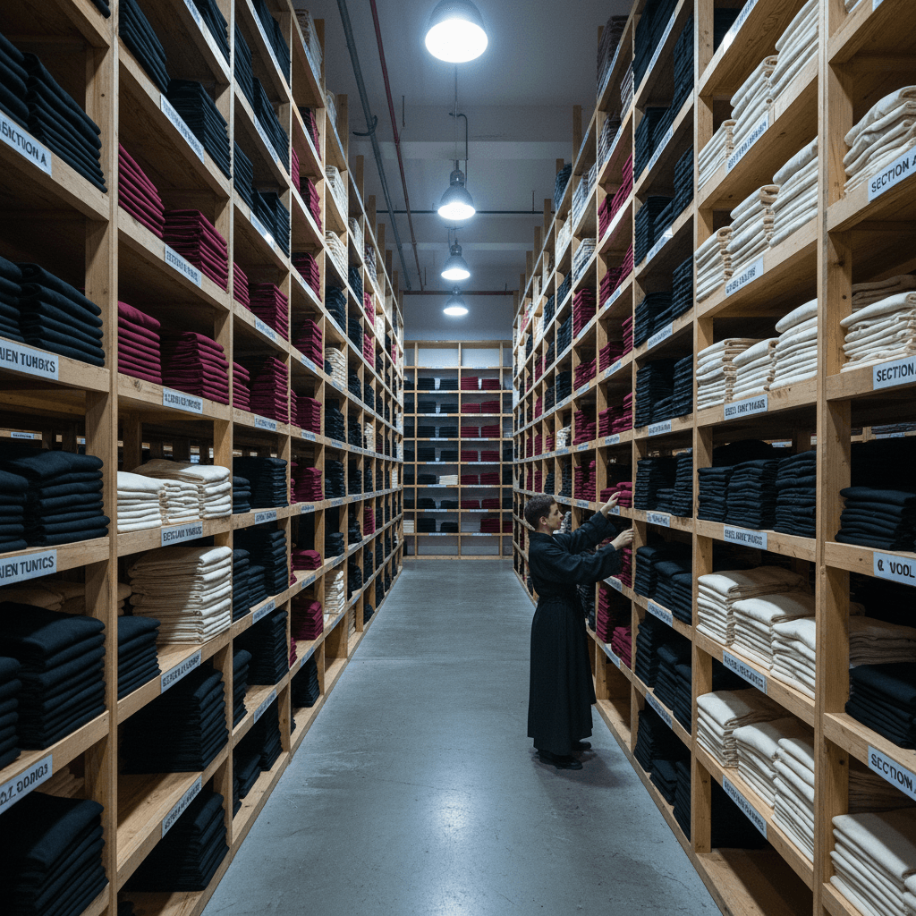 Organized warehouse inventory of folded eastern clothing on shelves