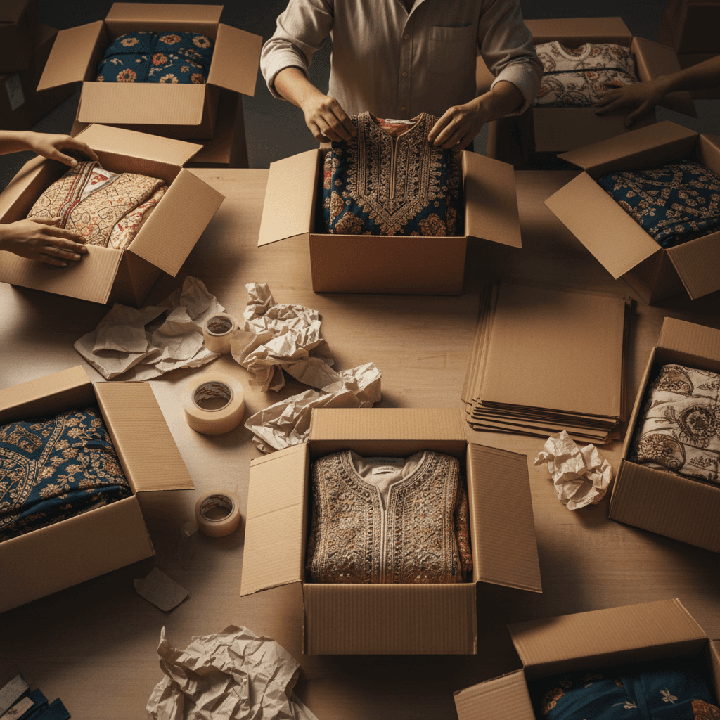 Packed boxes of eastern clothing ready for shipment