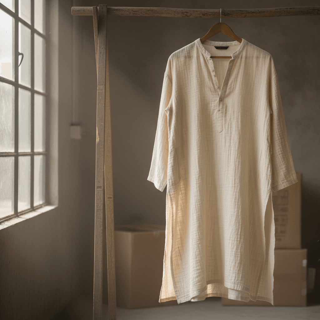 Cream seasonal kurta on garment display rack