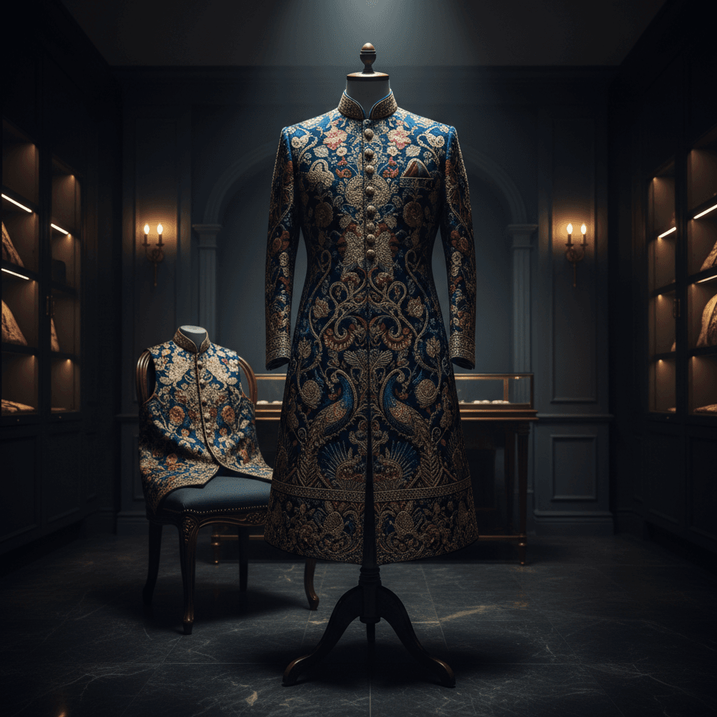 Sherwani and waistcoat on display form with detailed embroidery