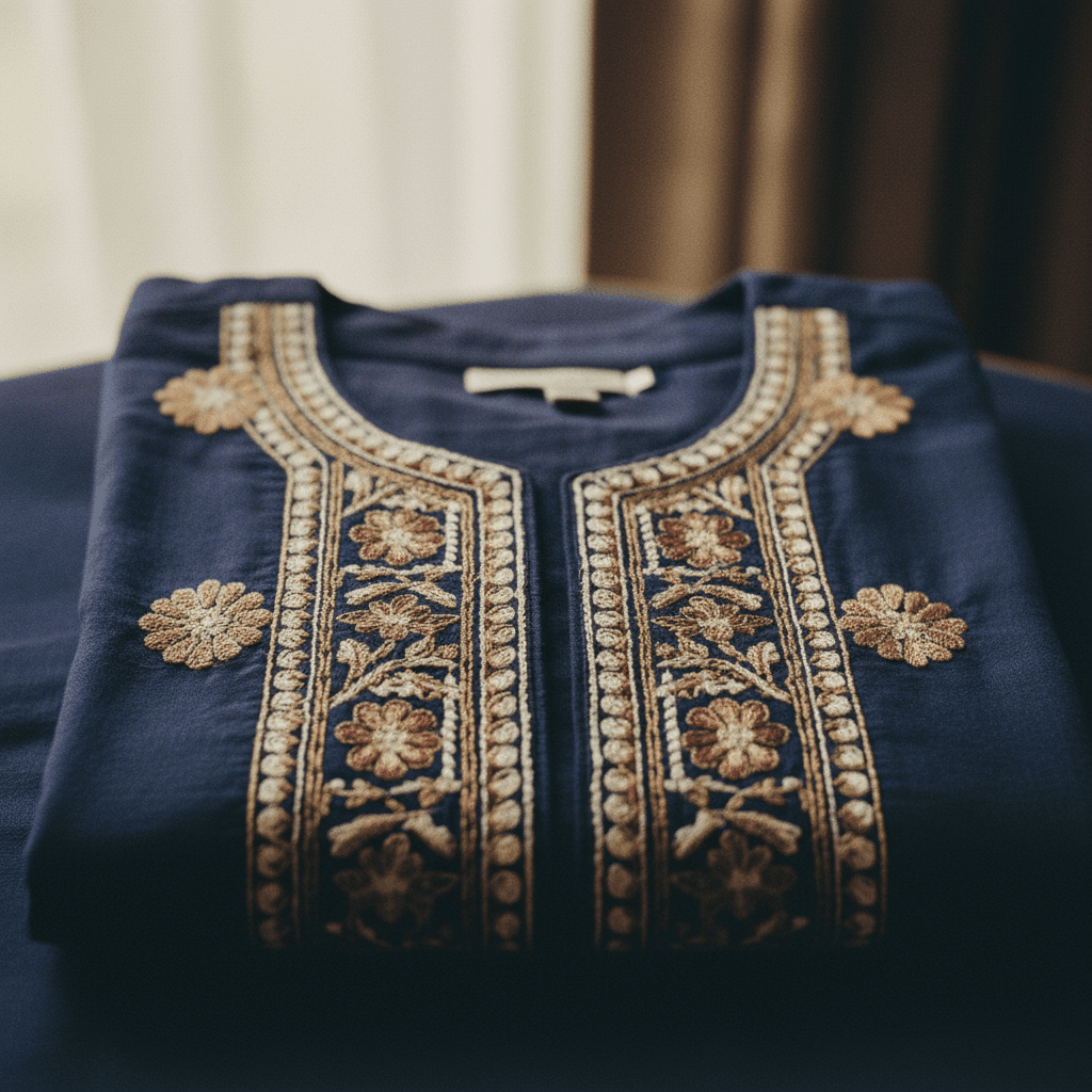 Indigo shalwar kameez with embroidery detail