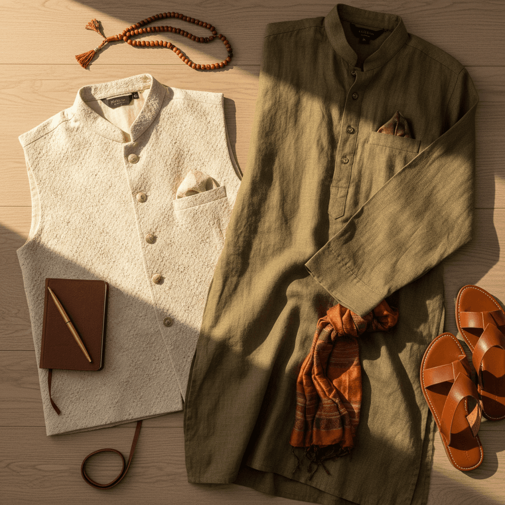 Khaki kurta with traditional accessories arrangement