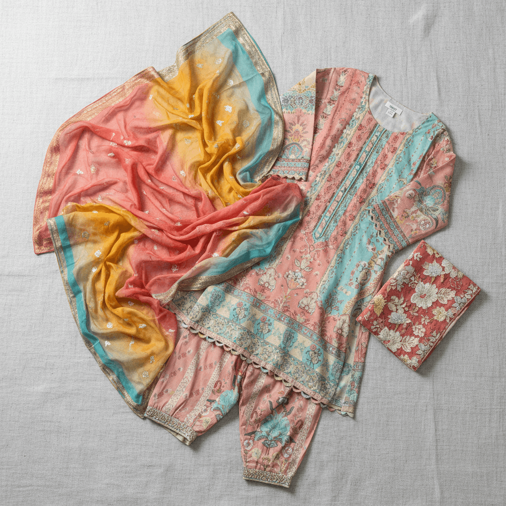 Three coordinated eastern wear pieces in pastel tones arranged flat lay