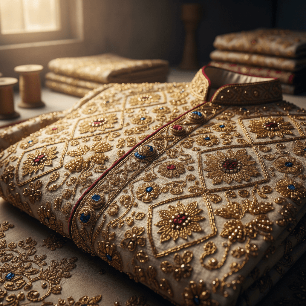 Close-up of embroidered sherwani fabric detail