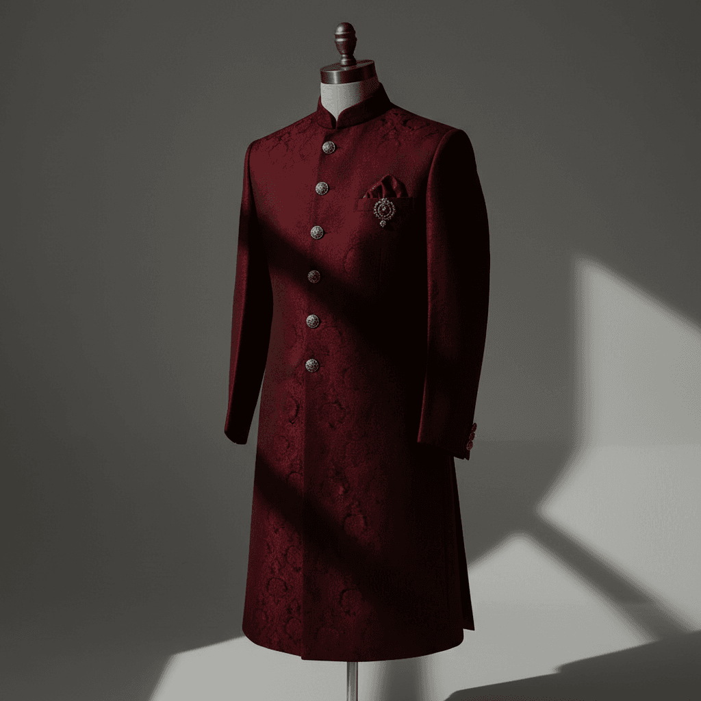 Burgundy sherwani with ornate button work