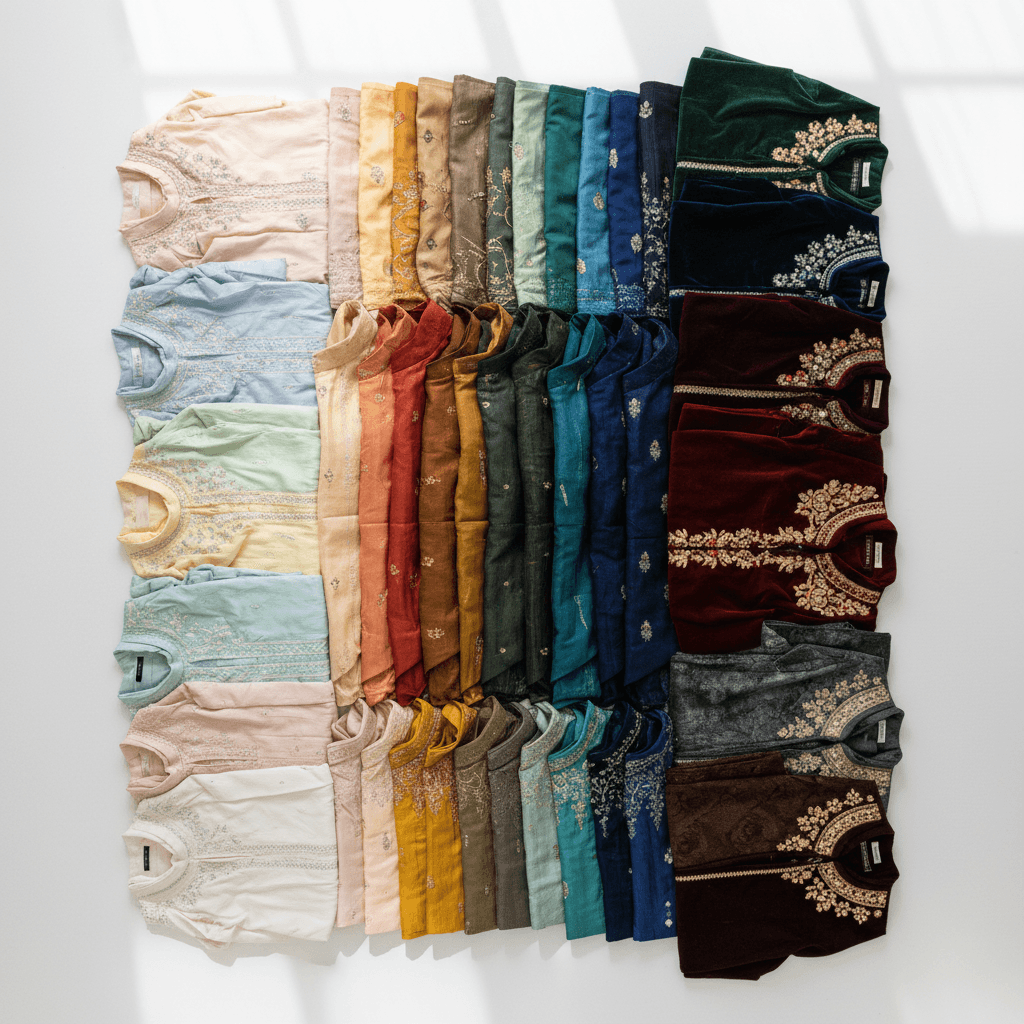 Seasonal collection arranged by color showing spring and winter styles