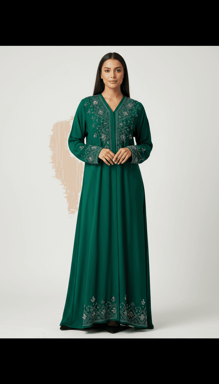 Model wearing emerald abaya with beadwork detail