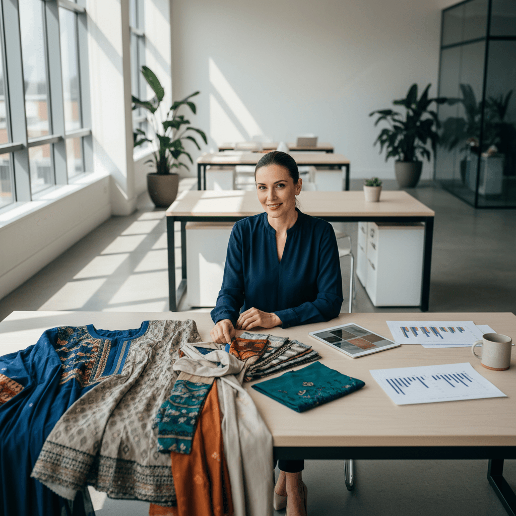 Wholesale buyer reviewing eastern clothing samples and pricing