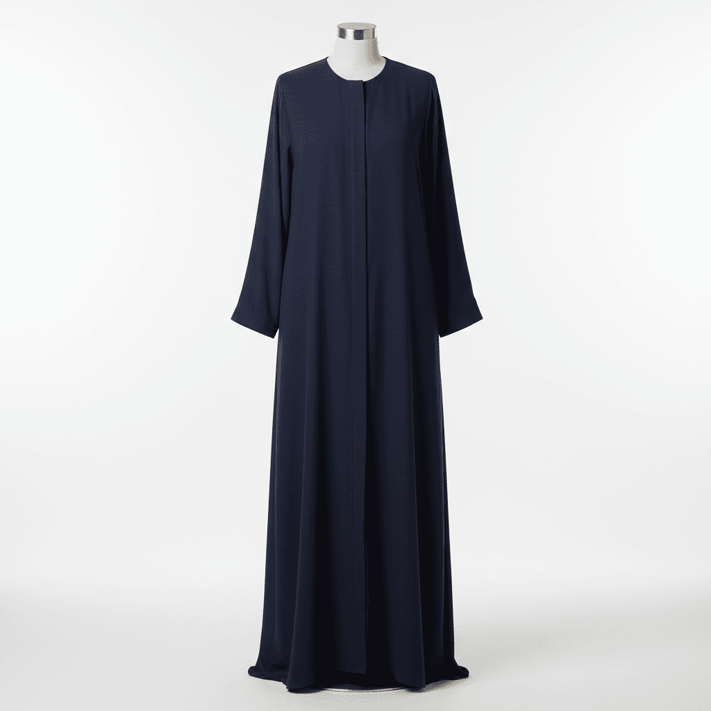 Navy blue abaya on dress form showing full silhouette