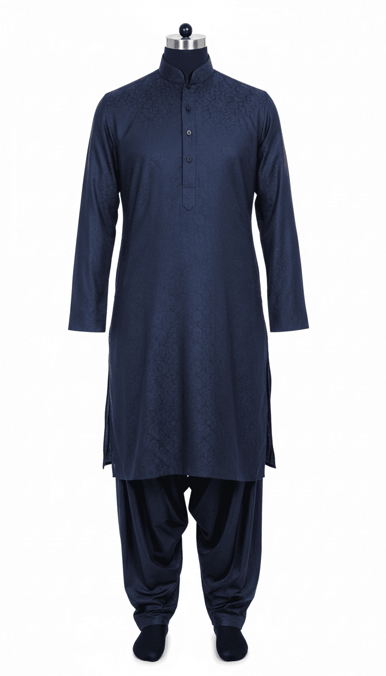 Complete men's shalwar kameez ensemble on dress form