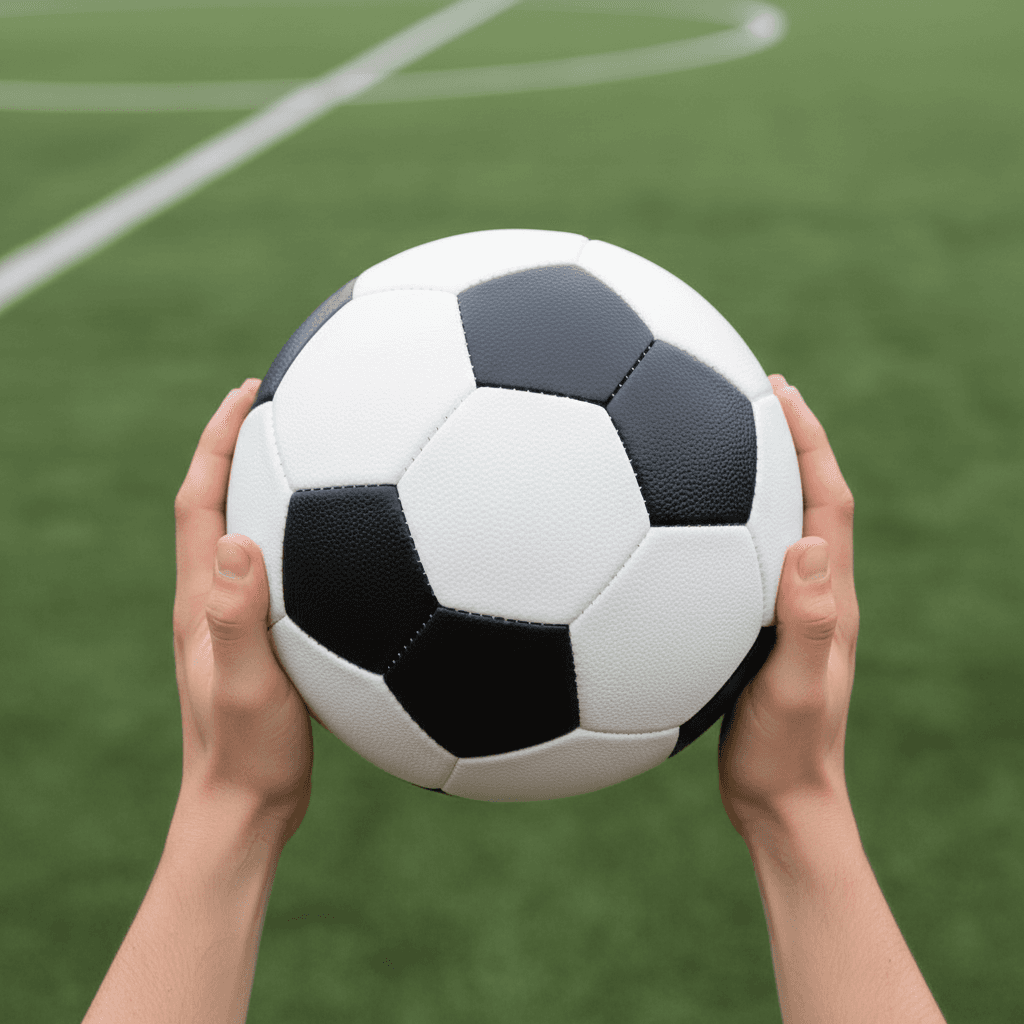 Soccer ball with classic paneling held in hands