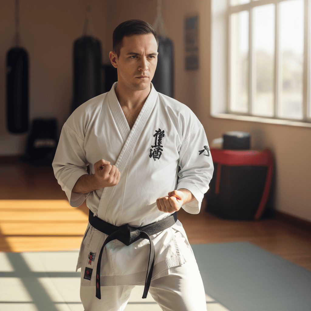 White karate suit displayed on athlete in ready stance
