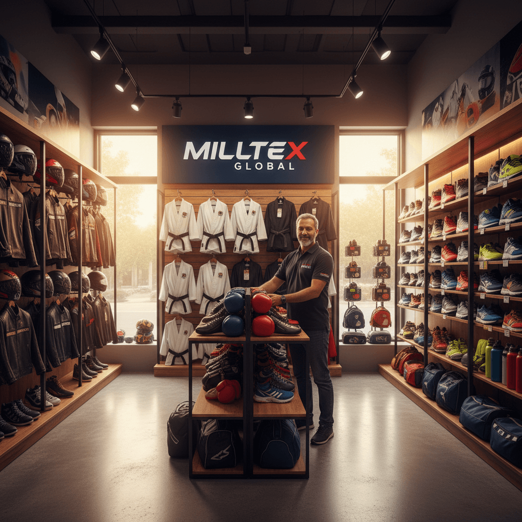 Retail shop display featuring wholesale sports gear and apparel from milltexglobal