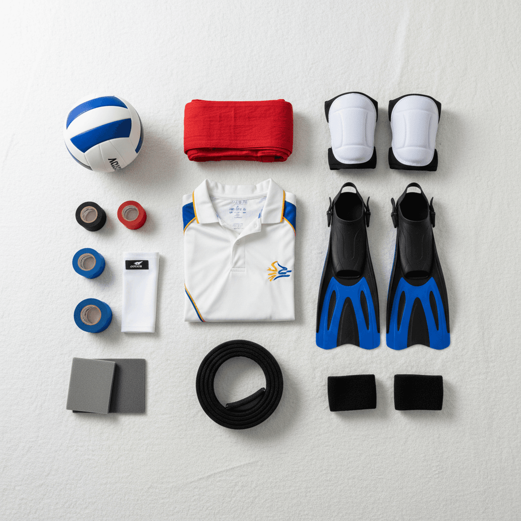 Diverse collection of sports gear, motorbike apparel, karate suits, athletic shoes, leather jackets, and sports accessories displayed together