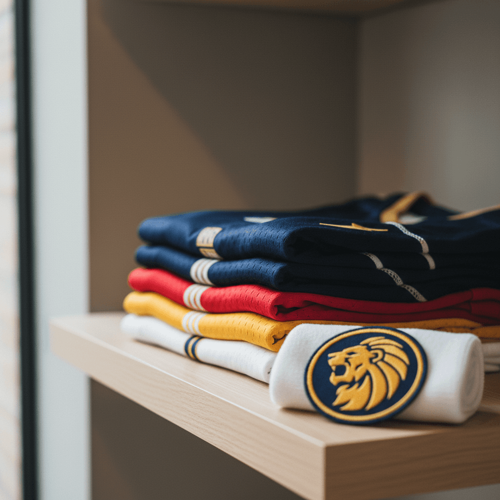 Warehouse workspace with organized sports gear and apparel inventory