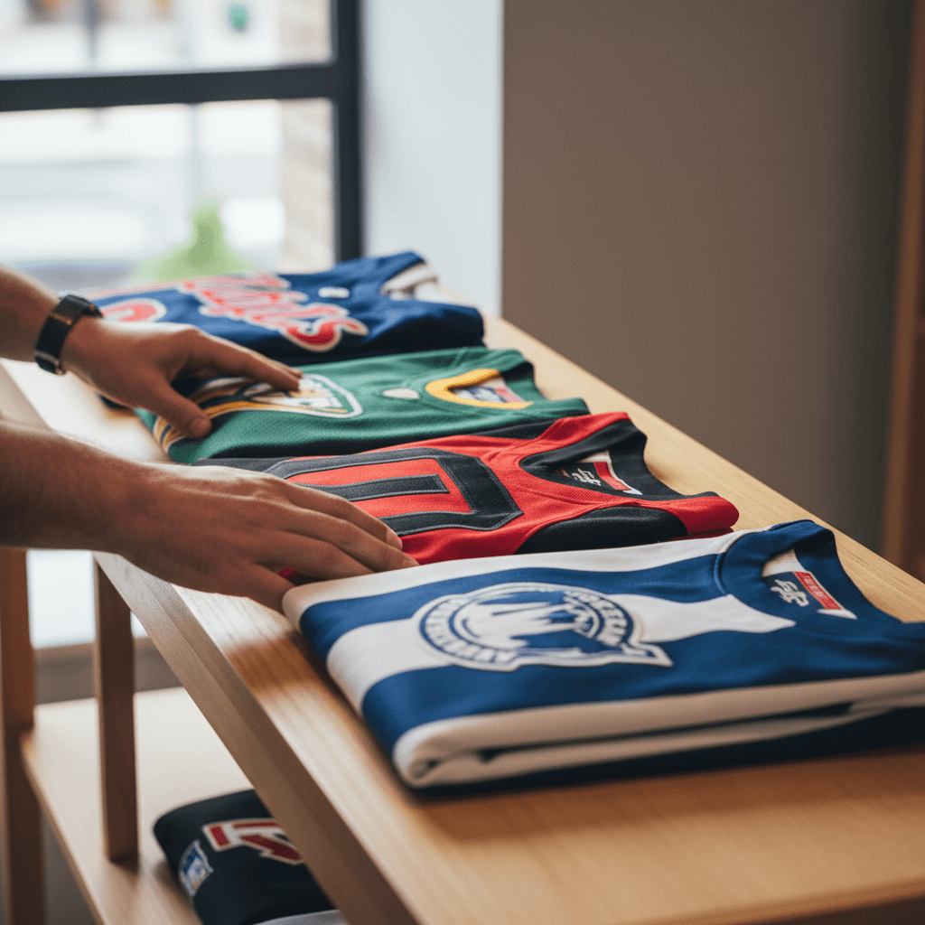 Sports balls and water bottles displayed on wooden shelf