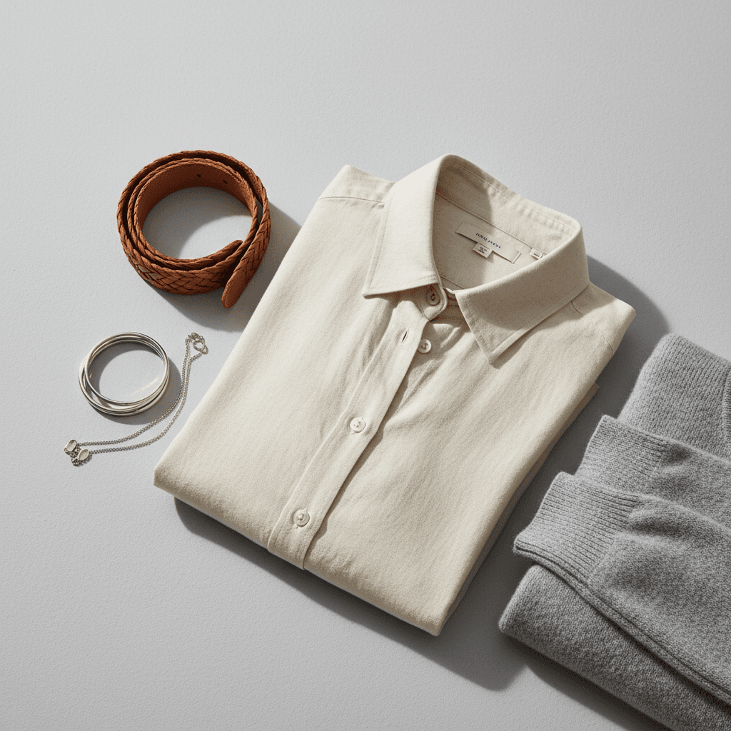 Seasonal clothing collection including jacket, belt, and footwear